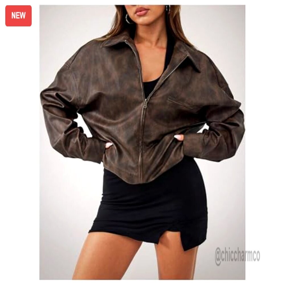 Vintage PU Leather Motorcycle Jacket Oversized Street Style Zip Up Collar - Picture 3 of 5